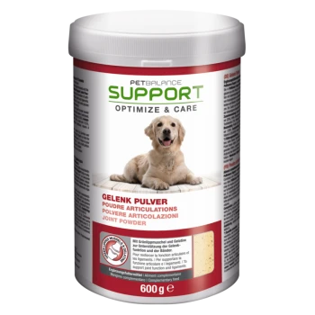 Contenant de poudre de soutien articulaire PetBalance pour chiens, présentant un golden retriever sur l'étiquette, taille 600g, avec du texte en plusieurs langues.