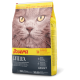 Eine Tüte Josera Catelux Katzenfutter mit einem Nahaufnahme eines Katzenkopfes, beschriftet mit "Extrem Anti-Haarballen" und "Erwachsene", mit Nährwertangaben.