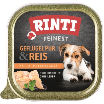 Die Verpackung von RINTI Feinst Geflügel Hundefutter zeigt einen kleinen Hund daneben und hebt "helle Filetstücke" und "OHNE INNEREIEN" hervor.