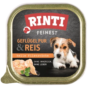 Die Verpackung von RINTI Feinst Geflügel Hundefutter zeigt einen kleinen Hund daneben und hebt "helle Filetstücke" und "OHNE INNEREIEN" hervor.