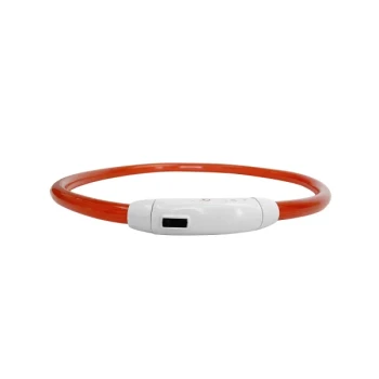 LED-Hundehalsband – Wiederaufladbar, Zuschneidbar & 3 Leuchtmodi für mehr Sicherheit rot Helle orangefarbene Haustierhalsband mit einem weißen Akku-Pack, das einen Einschaltknopf und einen Ladeanschluss aufweist.