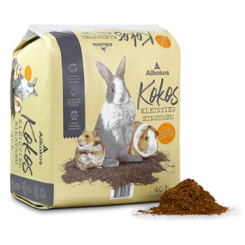 Allkokos Kokos Kleintier-Einstreu Tüte mit Hasen-, Hamster- und Meerschweinchen-Motiv und losem Faserhaufen