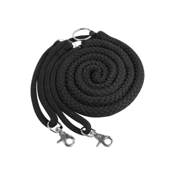 Schwarze geflochtene Haustierleine, spiralig gewickelt, mit zwei Metallclips zur Befestigung.