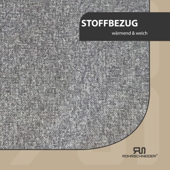 Graue Stofftextur mit einer abgerundeten Ecke, mit dem Text "STOFFBEZUG" und "wärmend & weich" in einer modernen Schriftart.