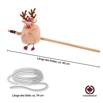 Ein verspieltes Katzenspielzeug mit einem flauschigen Rentiercharakter an einem 40 cm langen Stock, mit einer 74 cm langen Schnur, auf Deutsch beschriftet.