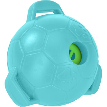 Turquoise rubberen speeltjesbal voor huisdieren met handvatten, pootafdruk-opdruk en een klein groen balletje zichtbaar door een ronde opening.