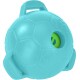 Turquoise rubberen speeltjesbal voor huisdieren met handvatten, pootafdruk-opdruk en een klein groen balletje zichtbaar door een ronde opening.