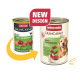 Zwei Dosen Animonda GranCarno Hundefutter, altes und neues Design, mit Rind- und Entenherzen, einem Hundebild und dem Aufkleber „NEUES DESIGN“.