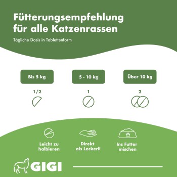 Grüne Infografik: Fütterungsempfehlung für alle Katzenrassen — Bis 5 kg: 1/2; 5–10 kg: 1; Über 10 kg: 2. GIGI