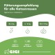 Grüne Infografik: Fütterungsempfehlung für alle Katzenrassen — Bis 5 kg: 1/2; 5–10 kg: 1; Über 10 kg: 2. GIGI