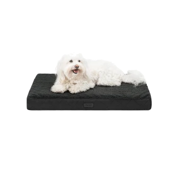 Ein flauschiger weißer Hund ruht auf einem dunkelgrauen Haustierbett mit einem gesteppten Design, auf dessen Seite der Markenname "Lonté" steht.