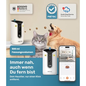 PetCam-Gerät mit einer Katze und einem Hund im Hintergrund. Text: "500 ml Kapazität" und "Immer nah, auch wenn weit weg. Ihr Haustier, nur einen Klick entfernt."