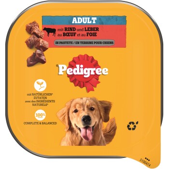 Pedigree Adult Rind & Leber Nassfutter, gelbe Verpackung mit lächelndem Golden Retriever und Pedigree-Logo.