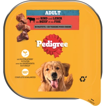 Pedigree Adult Rind & Leber Nassfutter, gelbe Verpackung mit lächelndem Golden Retriever und Pedigree-Logo.