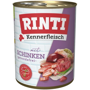 Dosen-Hundefutter mit der Aufschrift "RINTI Kennerfleisch mit Schinken," das eine Vielzahl von Fleischsorten auf der Verpackung zeigt, mit "getreidefrei" als Hinweis auf getreidefrei.
