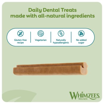 Whimzees dental chew; header 'Daily Dental Treats'; labels: GF, veg, hypoallergenic, no added sugar