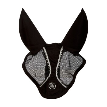 Schwarzes Haustierkostüm mit großen Ohren und Netzdetails, verziert mit einer Reihe von Perlen und einem runden Logo.
