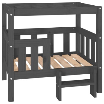 Schwarzes Holz-Haustierbett mit slatted Basis und einem erhöhten oberen Abschnitt, entworfen für kleine Haustiere.