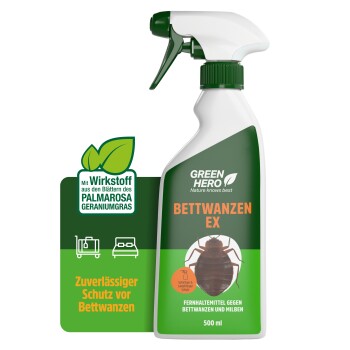 Weiße Sprühflasche mit der Aufschrift "GREEN HERO" und dem Text "Nature Knows Best" sowie einem Bild von einem Bettwanze, mit "Bettwanzen-EX" auf einem grünen Band.