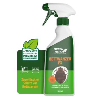 Weiße Sprühflasche mit der Aufschrift "GREEN HERO" und dem Text "Nature Knows Best" sowie einem Bild von einem Bettwanze, mit "Bettwanzen-EX" auf einem grünen Band.