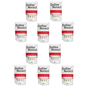 Premium Adult bogata w wołowinę saszetka 10x500 g Dziesięć opakowań karmy dla psów Dolina Noteci Premium, oznaczonych jako 'Wolowina', każde ważące 500g, ułożone w wzór siatki.