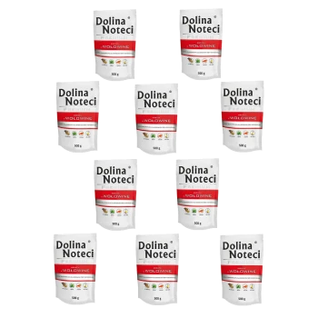 Dziesięć opakowań karmy dla psów Dolina Noteci Premium, oznaczonych jako 'Wolowina', każde ważące 500g, ułożone w wzór siatki.