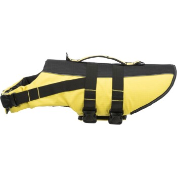 Gelb-schwarze Hundeschwimmweste mit verstellbaren schwarzen Gurten, Schnelllöseschnallen und Tragegriff oben.