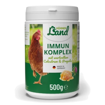 Behälter von HühnerLand Immun Komplex für Hühner, mit einer Grafik einer Henne, mit Text, der Kolostrum und Propolis hervorhebt, 500g, hergestellt in Deutschland.