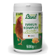 Behälter von HühnerLand Immun Komplex für Hühner, mit einer Grafik einer Henne, mit Text, der Kolostrum und Propolis hervorhebt, 500g, hergestellt in Deutschland.