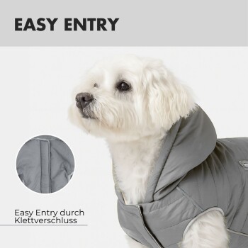 Ein grauer Hund in einer Pufferjacke mit Kapuze, Reißverschluss und Knopf. Text: "Sportlich" und "Die Kapuze kann durch einen Knopf befestigt werden."