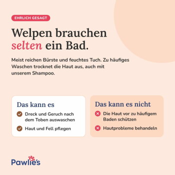Anzeige für Haustiershampoo, die einen Golden Retriever beim Frisieren zeigt. Links werden die Eigenschaften von 'Kylie's' hervorgehoben; rechts wird es mit anderen Marken verglichen.