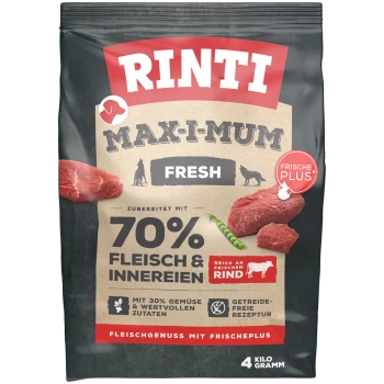 Rinti Max-I-Mum Fresh Hundefutterbeutel, der 70% Fleisch und Innereien, 30% Gemüse, rezeptfrei und in der Größe 4 kg enthält.