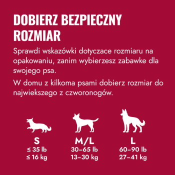 Poradnik rozmiarów zabawek dla psów (po polsku) 'DOBIERZ BEZPIECZNY ROZMIAR' — S ≤35 lb/≤16 kg; M/L 30–65 lb/13–30 kg; L 60–90 lb/27–41 kg