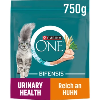 Purina ONE Katzenfutterbeutel, 750g, mit einer flauschigen grauen Katze, beschriftet mit "Harnwegsgesundheit" und "Reich an Huhn" mit einer Grafik von Huhn.