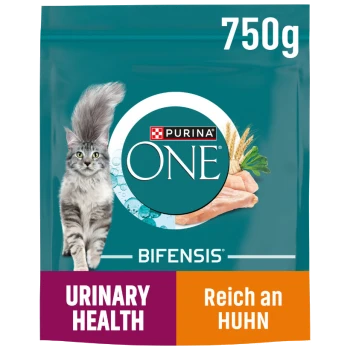 Purina ONE Katzenfutterbeutel, 750g, mit einer flauschigen grauen Katze, beschriftet mit "Harnwegsgesundheit" und "Reich an Huhn" mit einer Grafik von Huhn.