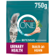Purina ONE Katzenfutterbeutel, 750g, mit einer flauschigen grauen Katze, beschriftet mit "Harnwegsgesundheit" und "Reich an Huhn" mit einer Grafik von Huhn.