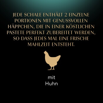 Schwarzes Poster mit goldener Schrift, die besagt, dass jede Schale zwei Portionen enthält, goldenes Hühnersymbol und die Worte 'mit Huhn'.