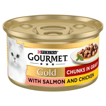 Purina Gourmet Gold cat food can featuring chunks in gravy with salmon and chicken, alongside an image of a white cat.