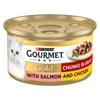 Purina Gourmet Gold cat food can featuring chunks in gravy with salmon and chicken, alongside an image of a white cat.