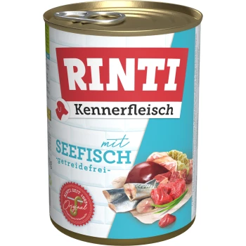 Karma w puszce dla zwierząt oznaczona "RINTI Kennerfleisch mit Seefisch - getreidefrei," z obrazkami ryb i mięsa na etykiecie.
