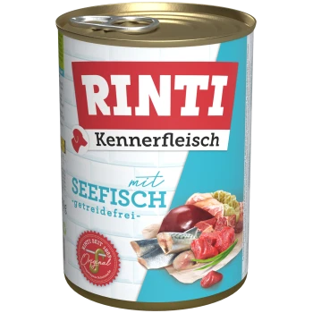 Dosen-Haustierfutter beschriftet mit "RINTI Kennerfleisch mit Seefisch - getreidefrei," mit Bildern von Fisch und Fleisch auf dem Etikett.