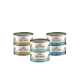 Boîtes de nourriture pour animaux Almo Nature présentant diverses saveurs : Thon avec des fritures, Thon avec de la truite, et Thon avec du poulet et du fromage.