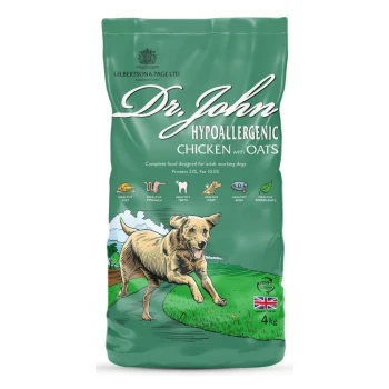 Hunde-Futterbeutel mit "Dr. John Hypoallergenic Chicken with Oats", der 21% Protein, 10,5% Fett und Vorteile für empfindliche Mägen hervorhebt.