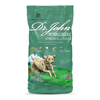 Hunde-Futterbeutel mit "Dr. John Hypoallergenic Chicken with Oats", der 21% Protein, 10,5% Fett und Vorteile für empfindliche Mägen hervorhebt.