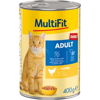 Karma dla kotów w puszce oznaczona 'MultiFit' z pomarańczowym kotem tabby z przodu, z tekstem 'ADULT' i 'sos', 400g.