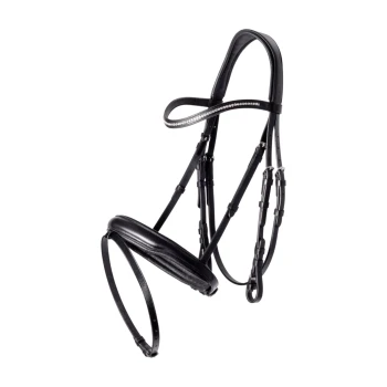 Schwarzes Lederpferdegeschirr mit einem dekorativen Kristallstreifen entlang des Stirnbands, vor einem weißen Hintergrund präsentiert.