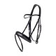 Schwarzes Lederpferdegeschirr mit einem dekorativen Kristallstreifen entlang des Stirnbands, vor einem weißen Hintergrund präsentiert.