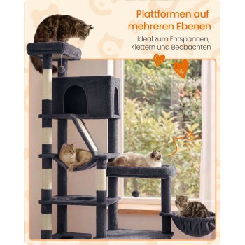 Grau mehrstufiger Kratzbaum mit vier Katzen an einem Fenster; überlagerter deutscher Text: „Plattformen auf mehreren Ebenen“.