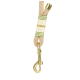 Laisse pour chien tressée beige avec accents verts et blancs enroulés et une boucle métallique dorée.