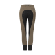 Braune Reitleggings mit schwarzen Grip-Panels an den Innenschenkeln und einem Logo am Bund.